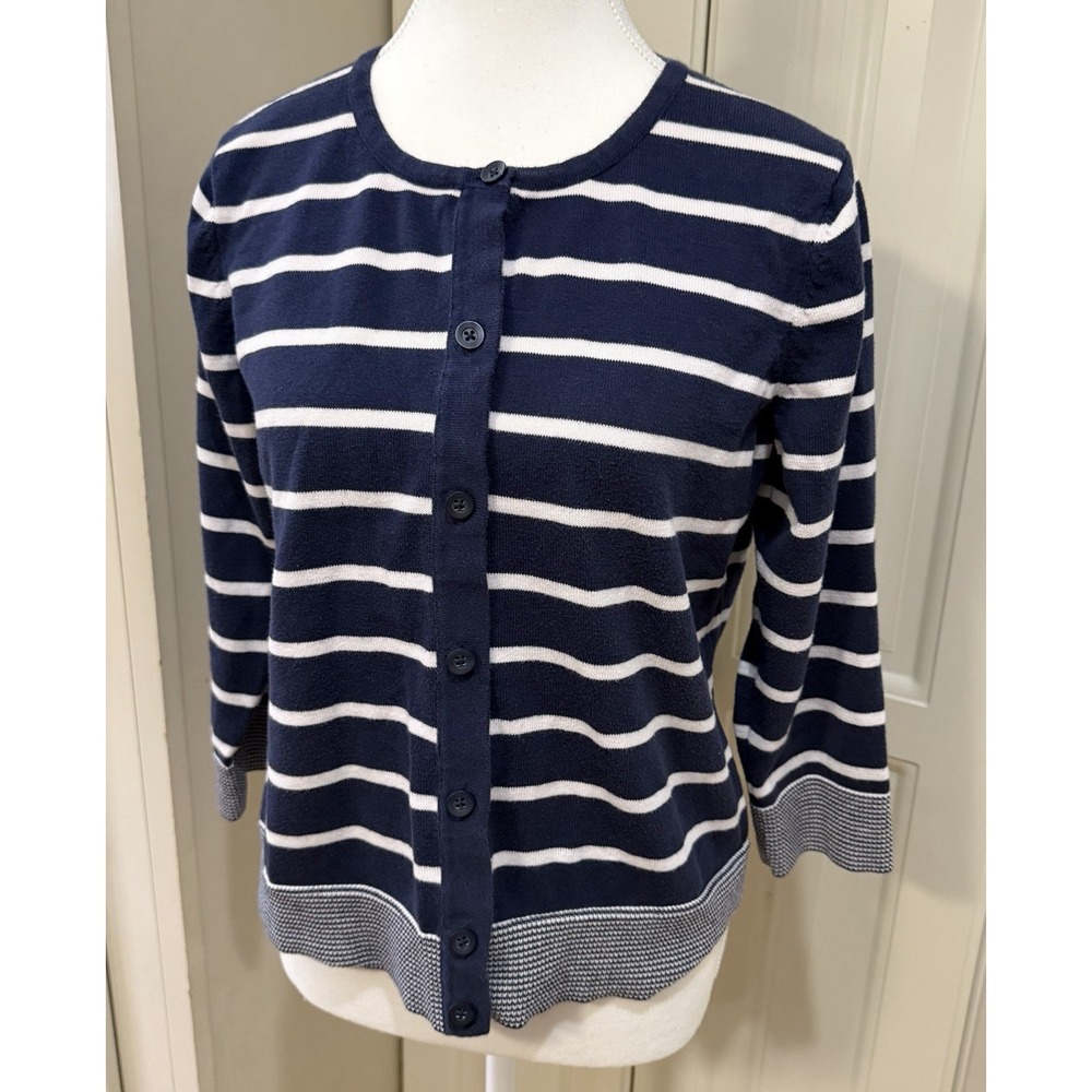 GH‎ Bass Navy White Striped Cotton Cardigan Button Front Classic Preppy Boho